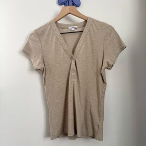 James Perse 1 Small NWOT V Neck Henley Tee Beige Tan Cotton Office Neutral